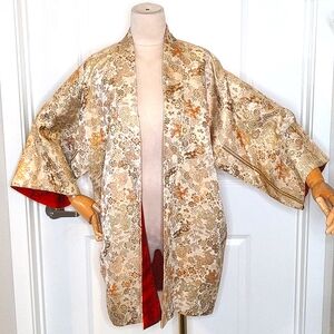 Vintage Silk Japanese Kimono Jacket Gold Threaded Toile Brocade SZ L